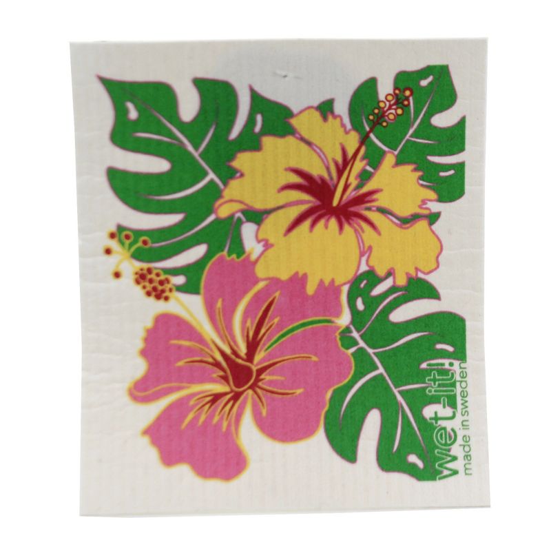 Swedish Dish Cloth 7.75" Happy Hibiscus & Red Dots Absorbant Cleaning Cloth  -  Dish Cloth