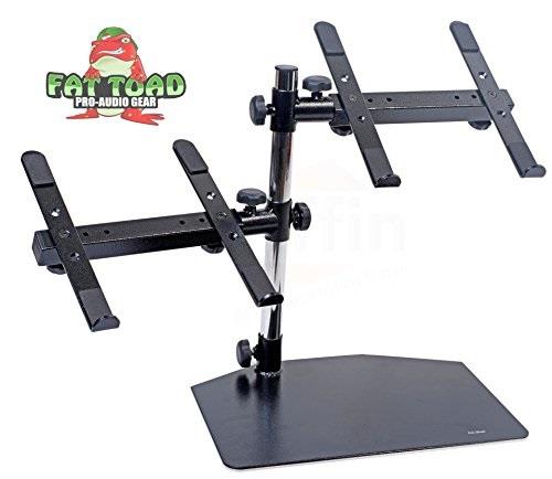 Double DJ Laptop Stand by FAT TOAD | 2 Tier PC Table Holder | Portable Computer Clamp Equipment Rack with Duel Mounts for Music Studio Mixers, Controllers, Monitors, CD Player & Disc Jockey Booth Gear