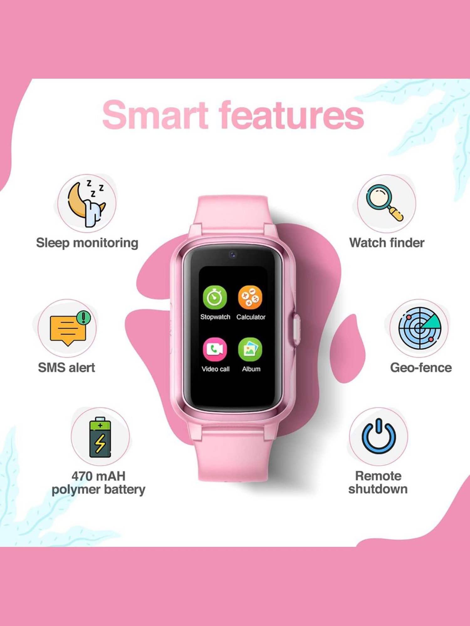 Turet Next Gen 4G Smartwatch for Kids with Camera, SOS, Video Calling, GPS Tracker (Pink)
