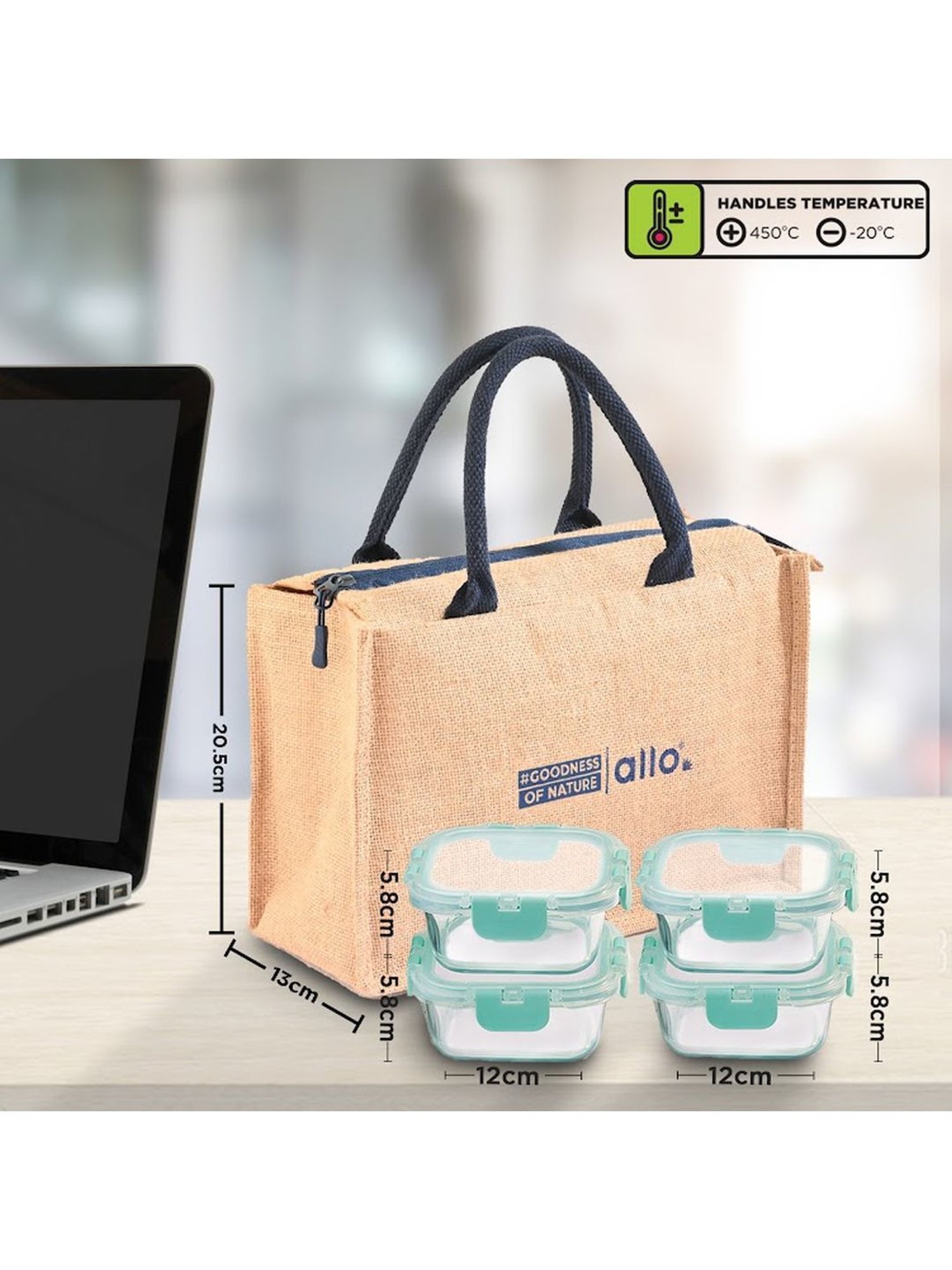 Borosilicate Glass Lunch Box Microwave Oven Safe with Detachable Lock and Jute Tiffin Bag