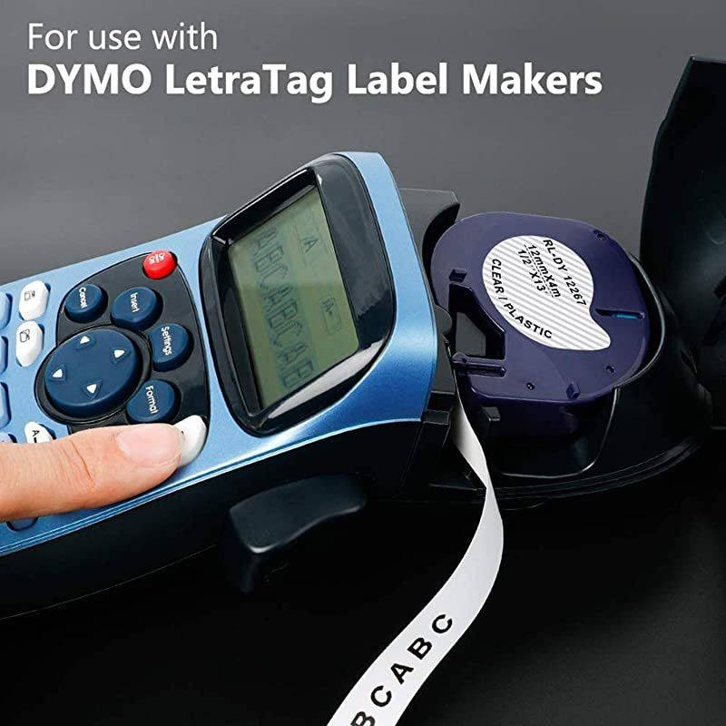 Compatible Label Tape Replacement for DYMO LetraTag Refills 16952 12267 S0721530 Black on Clear Plastic Tape for DYMO Label Maker Plus LT100H LT100T QX50 12Inch x 13 Ft 12mm x 4m 6P