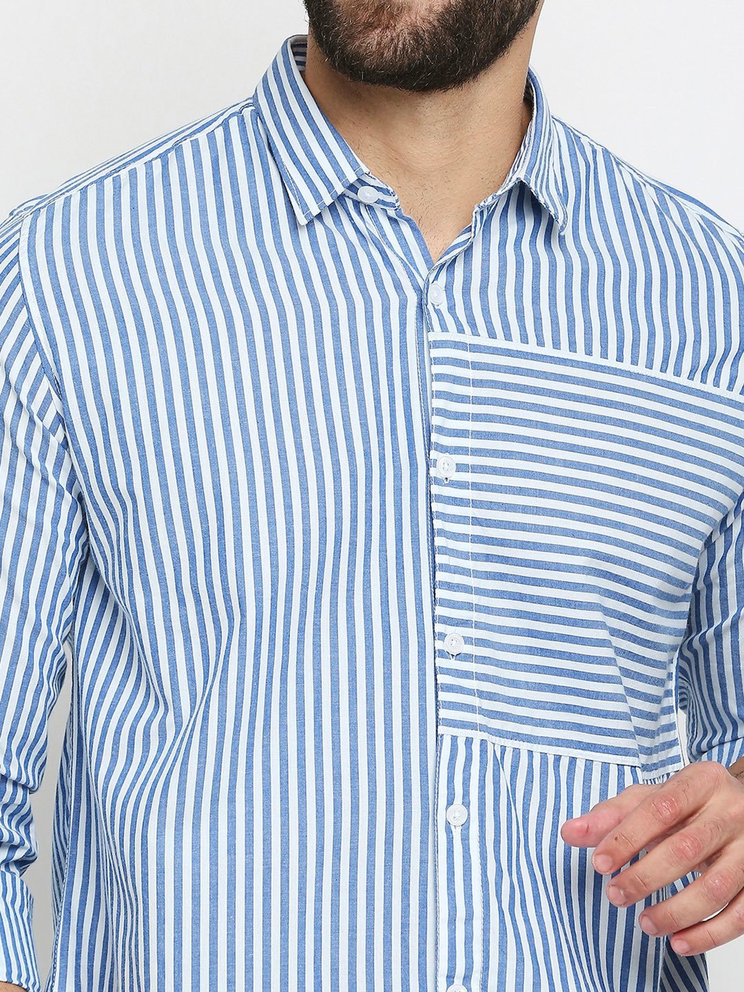 SOLEMIO Blue Slim Fit Striped Cotton Shirt