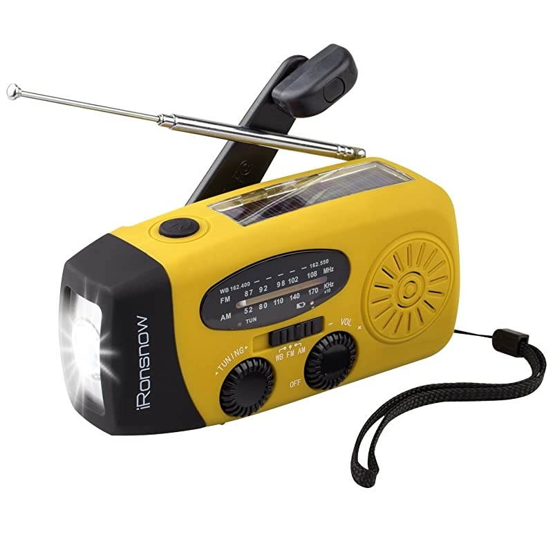 Upgraded Version IS-088U+ Dynamo Solar Hand Crank Self Powered AM/FM/NOAA Weather Radio with LED Flashlight and 1000mAh Emergency Power Bank (Yellow)