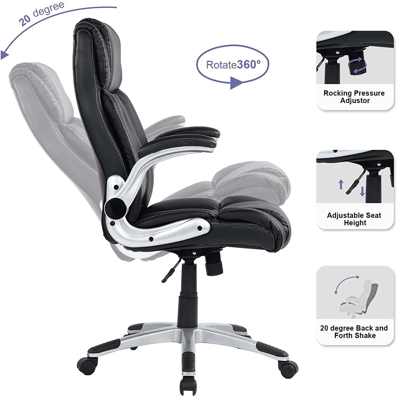 Executive Office Chair Ergonomic Leather Desk Chair with Flip-up Arms Double Padded Seat Cushion and Adjustable Tilt Angle Lumbar Support Office Chair for Home Office Work(9139 Black)