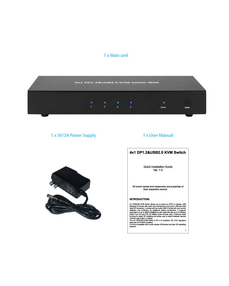 XtremPro 4x1 DP Display Port 1.2 & USB 2.0 KVM Switch Metal Housing w/ USB Keyboard, Mouse, Audio & Microphone Port w/Power Adapter - Black (61020)