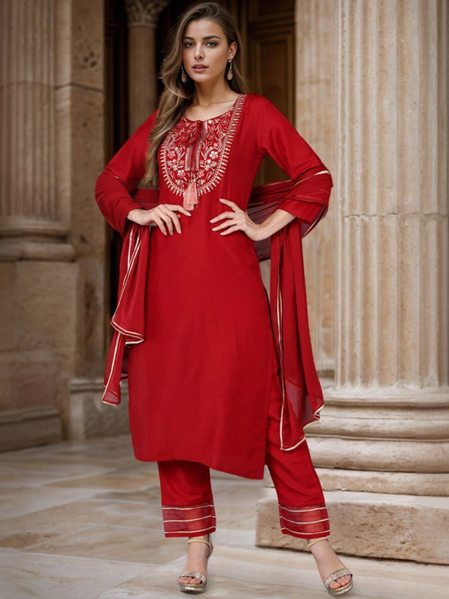 Vaamsi Red Embroidered Kurta Pant Set With Dupatta