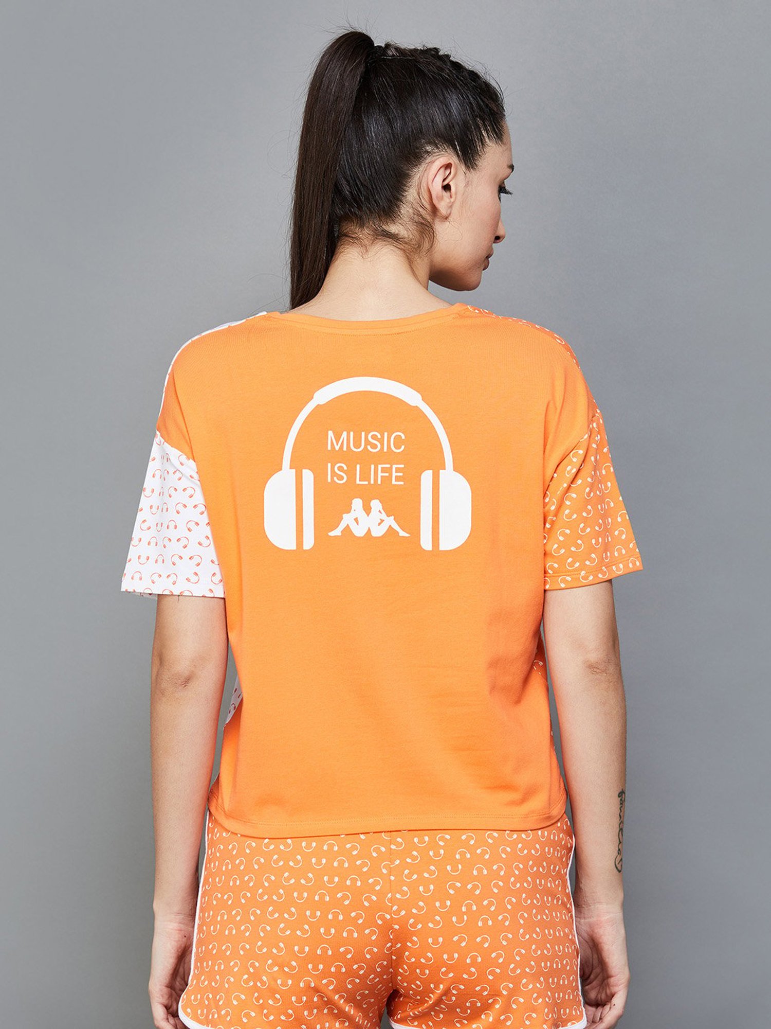 KAPPA Orange & White Cotton Printed Sports T-Shirt