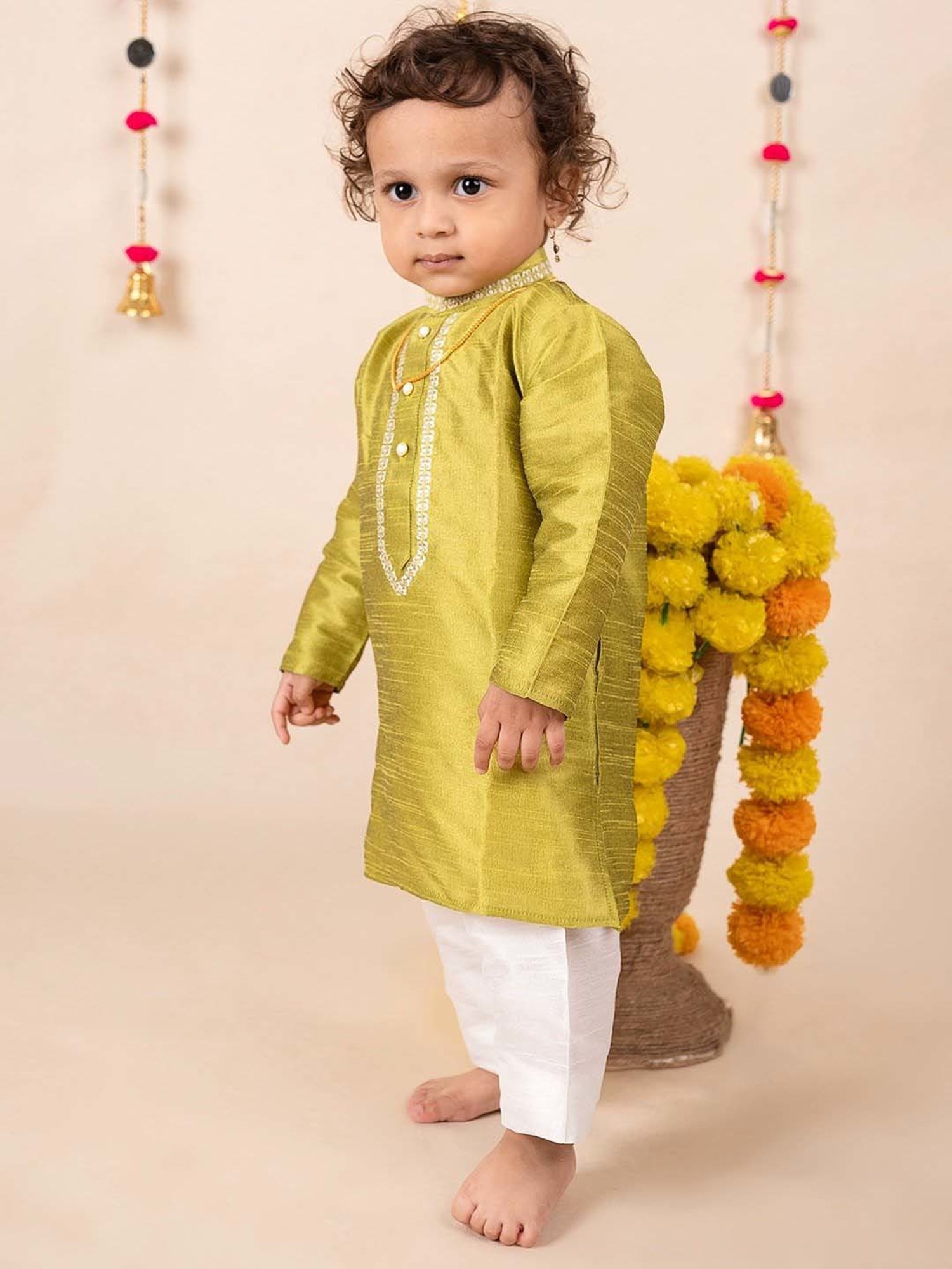 Baby Moo Kids Green & White Regular Fit Full Sleeves Kurta Set