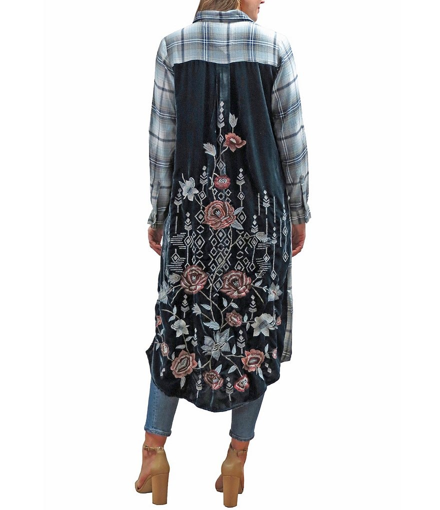 Karyn Seo Evie Long Sleeve Embroidered Velvet Back Plaid Duster