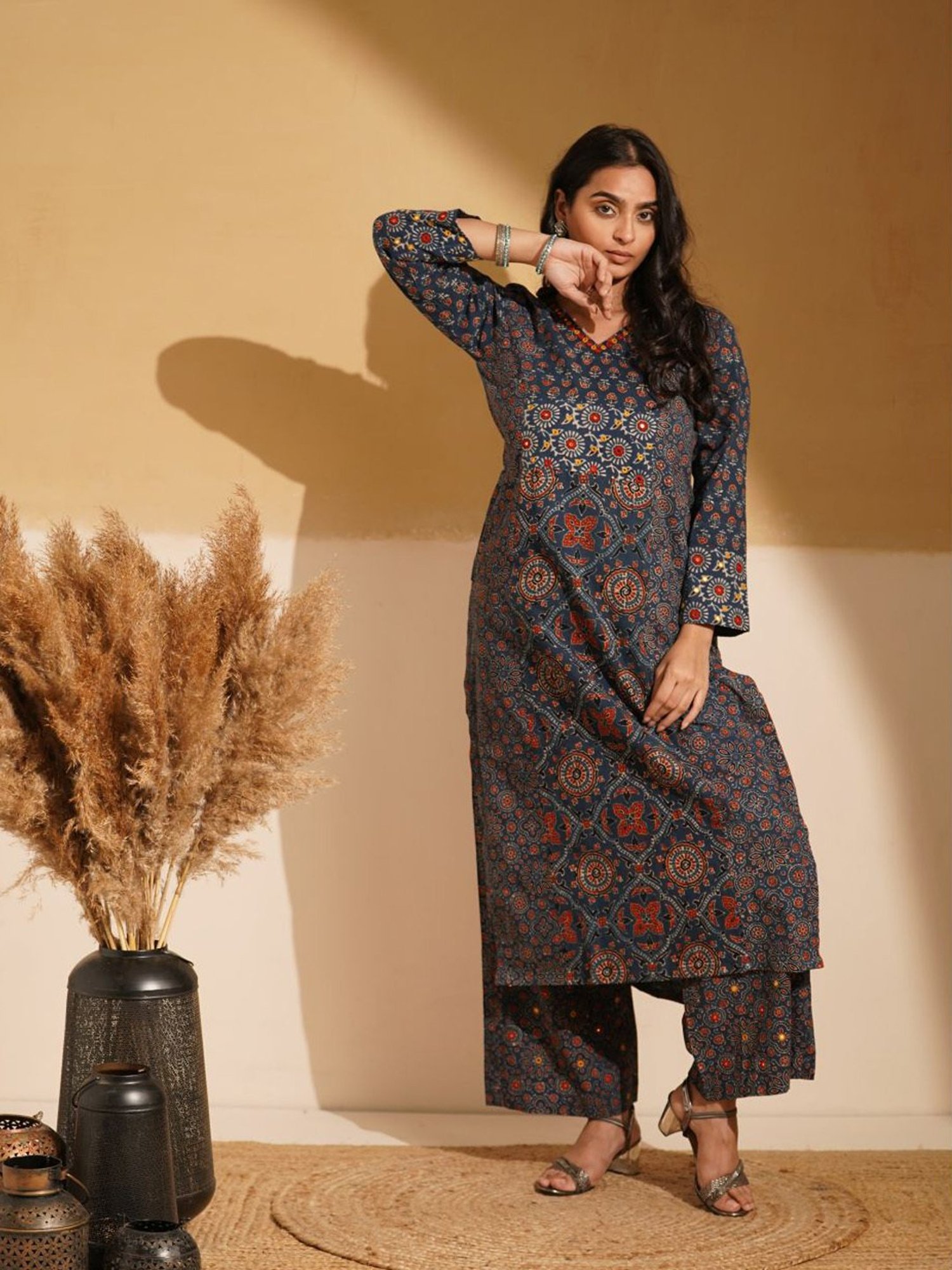 Love Chic Indigo Blue Cotton Ajrakh Straight Kurta