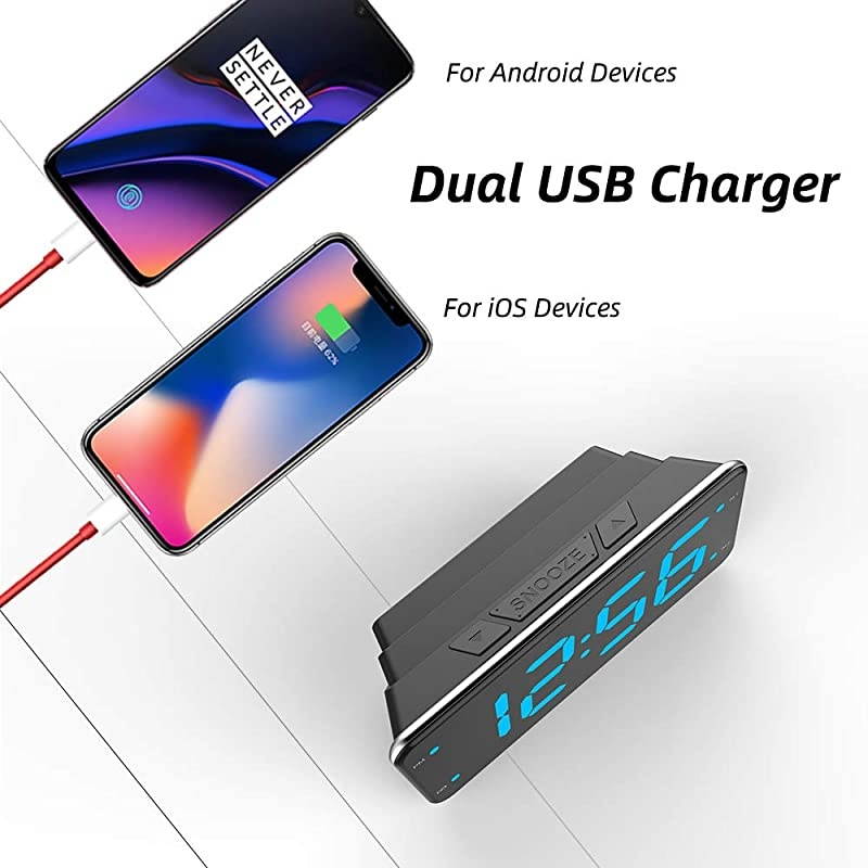 Loud Alarm Clock with Bed Shaker Vibrating Alarm Clock for Heavy Sleepers Deaf and Hard of Hearing Dual Alarm Clock with USB Charger 7Inch Display Full Range Dimmer Battery Backup Blue