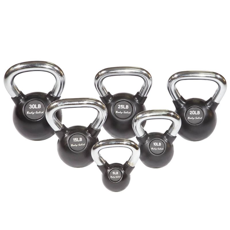 Body-Solid Chrome Handle Rubber Kettlebell Set with Rack - (5-30lbs)