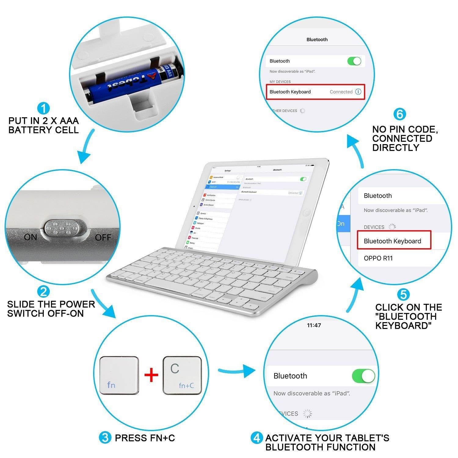 OMOTON Ultra-Slim Bluetooth Keyboard with Sliding Stand for New iPad 2018, iPad 2017, iPad Pro, iPad Mini 4/3/2/1, iPad 4/3/2, iPhone 8/8 Plus, iPhone X and other Bluetooth Enabled Devices, White