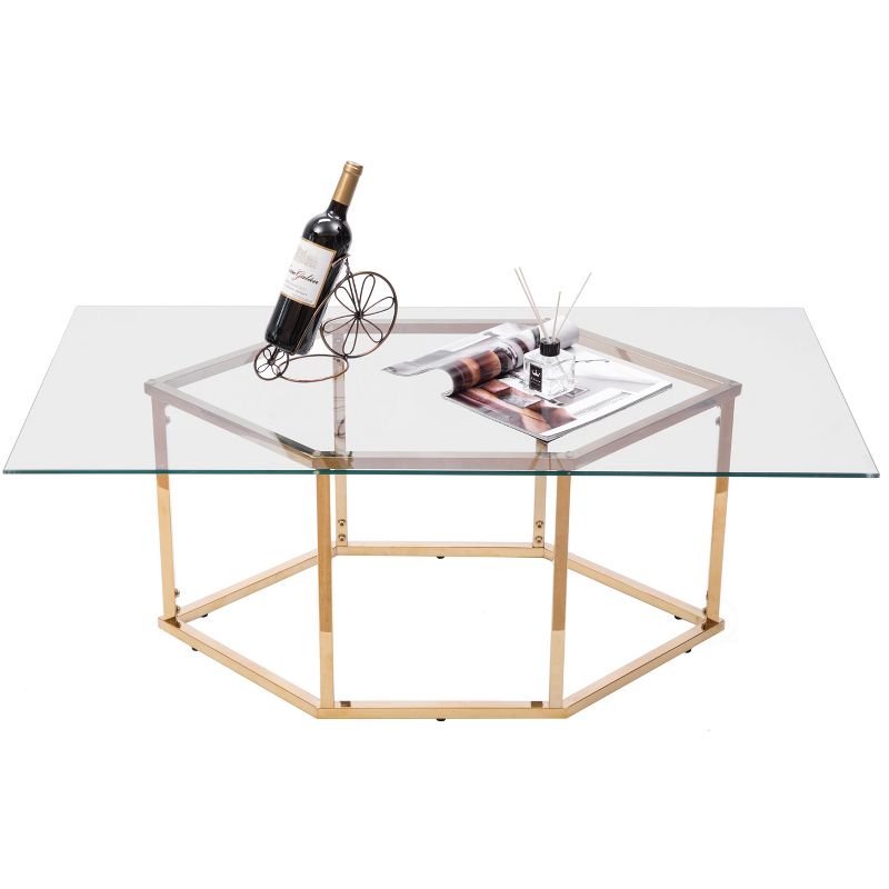 Bold Tones Rectangular Glass Top Hexagon Gold Stainless Steel Metal Base Coffee Table