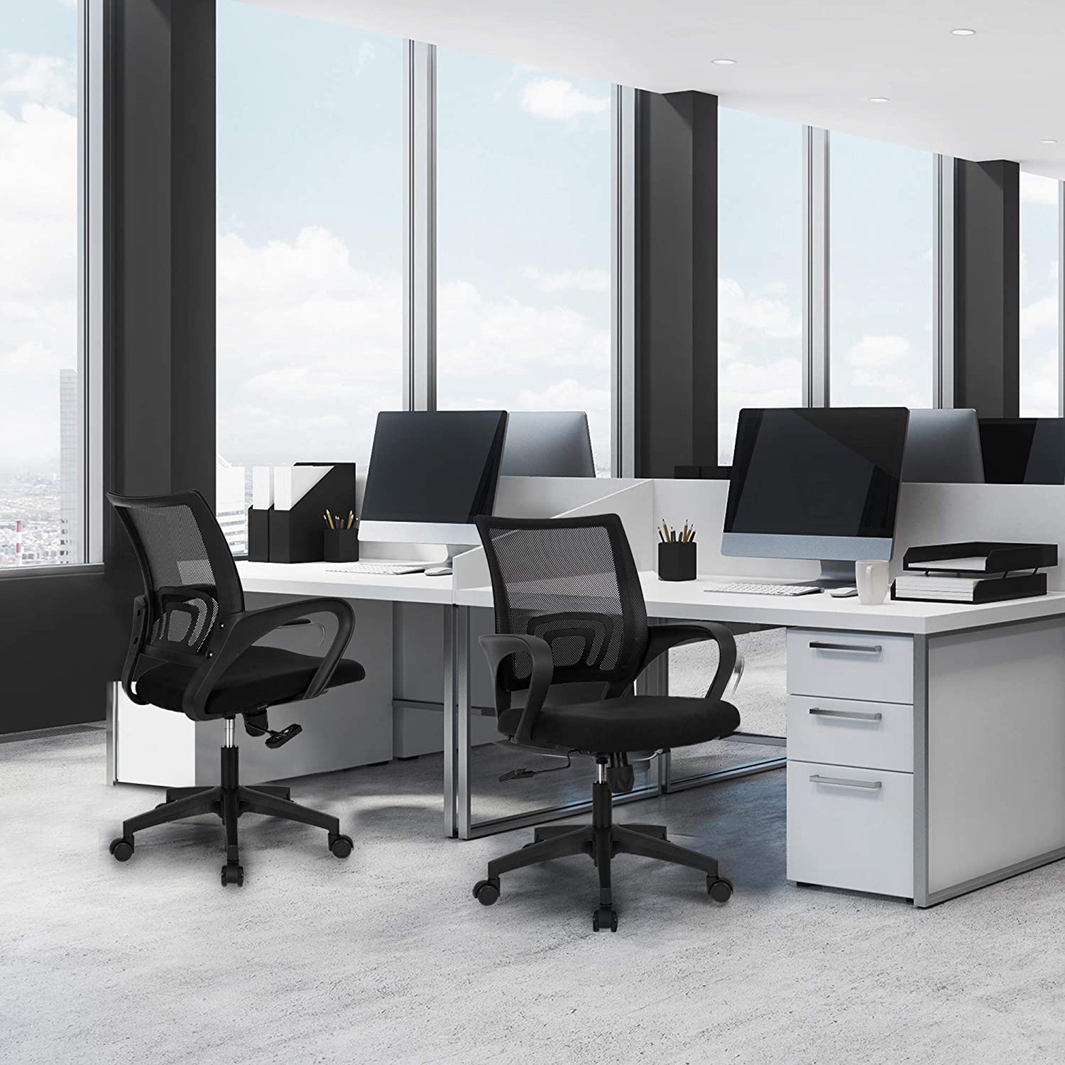 Office Chair Computer Desk Chair Gaming - Ergonomic Mid Back Cushion Lumbar Support with Wheels Comfortable Blue Mesh Racing Seat Adjustable Swivel Rolling Home Executive (Black)