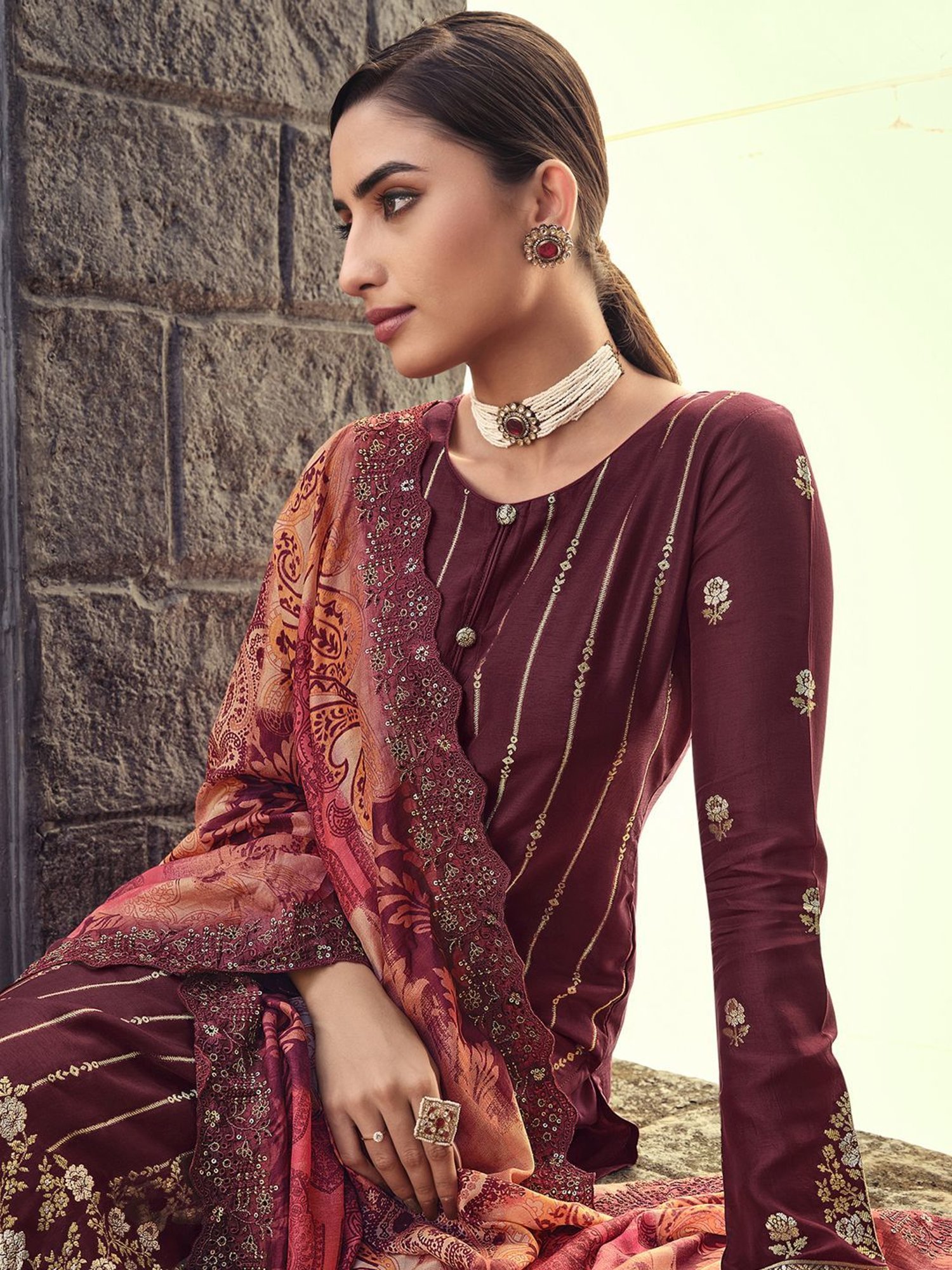 Stylee LIFESTYLE Maroon Woven Pattern Unstitched Dress Material