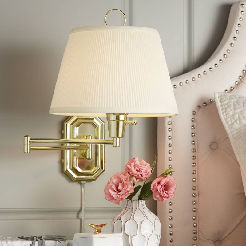 Barnes and Ivy Swing Arm Wall Lamp Brass Plug-In Light Fixture Ivory Mushroom Pleated Shade Bedroom Bedside Living Room Reading