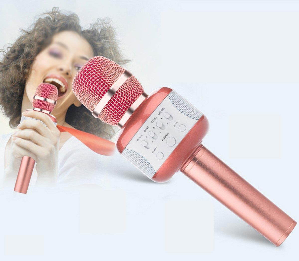 EIGIIS Wireless Bluetooth Karaoke Microphone Portable Hand Microphone Speaker for Smartphone PC (Pink)