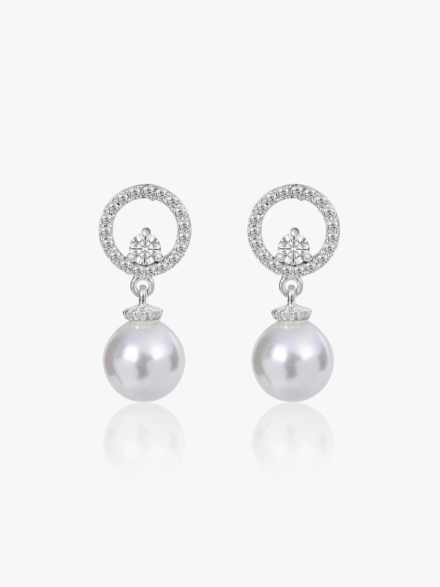 March by FableStreet Silver White Pearl & Zircon Drop Earrings for Women