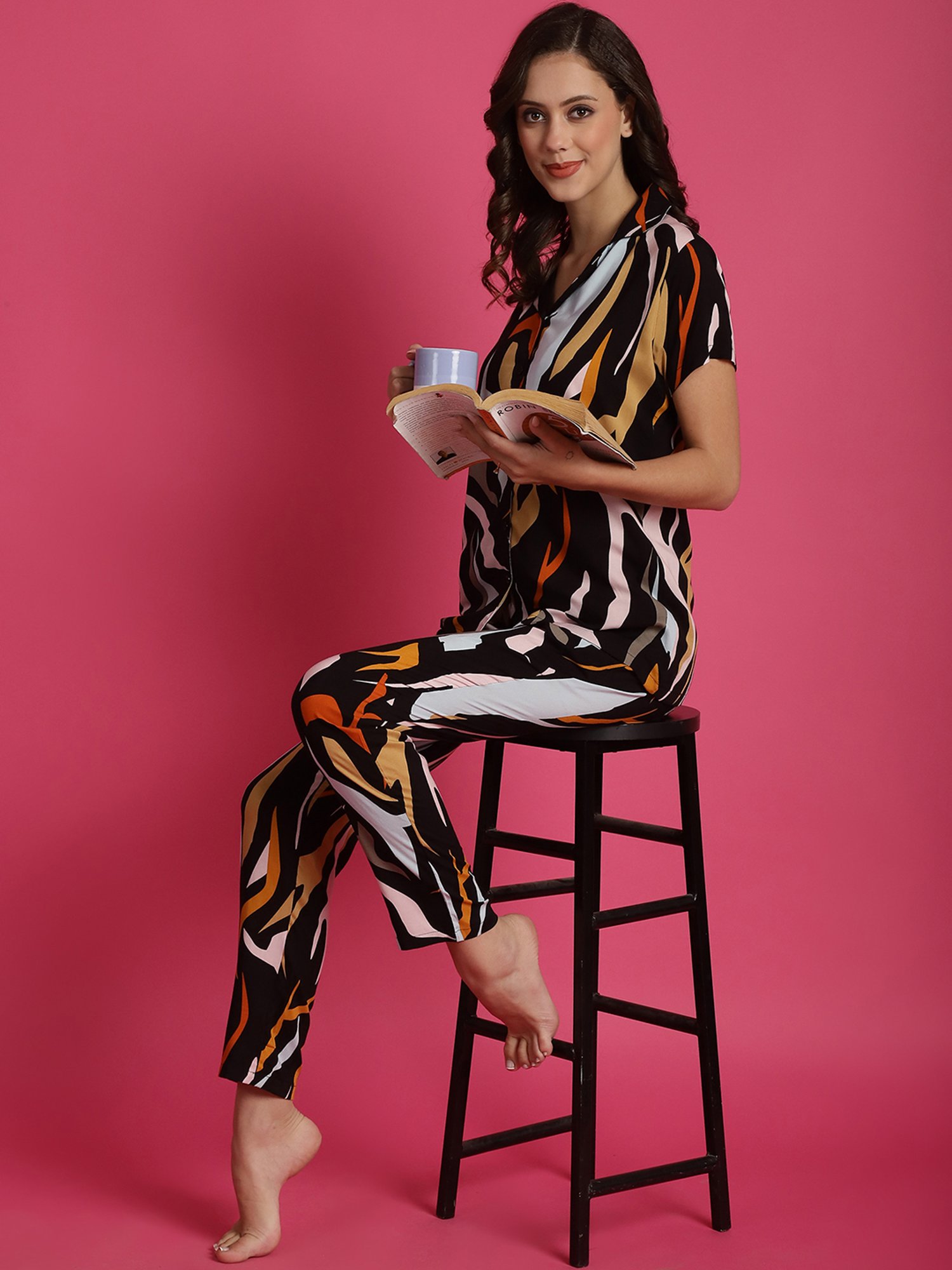 Boston Club Black Printed Top With Lounge Pants