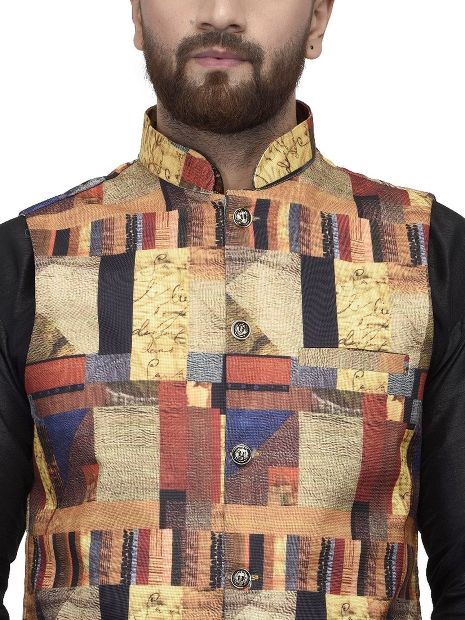Benstoke Black & Multi Regular Fit Geometric Kurta Set With Jacket