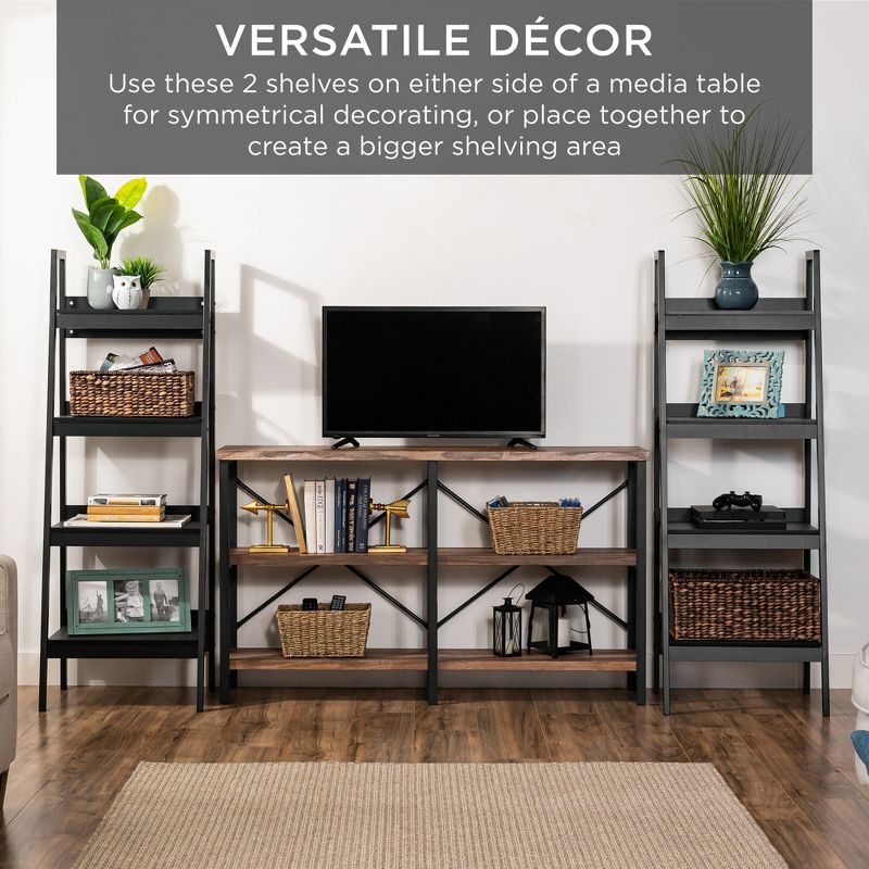 Best Choice Products Set of 2 Wooden 4-Shelf Open Ladder Bookcase Storage Display Organizers w/ Metal Framing - Black