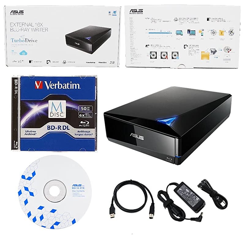 16x External Blu-ray Drive with BD Suite Disc, USB 3.0 Cable, Power Adapter and Cord (BW-16D1X-U) Bundle with 50GB Verbatim M-DISC BD-R DL