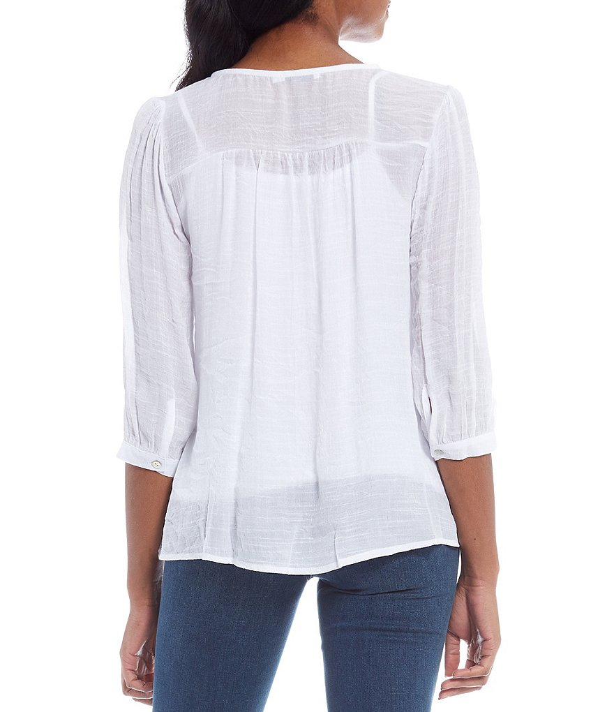 Figueroa & Flower Petite Size Sadie Lace Yoke 3/4 Peasant Sleeve Popover Blouse