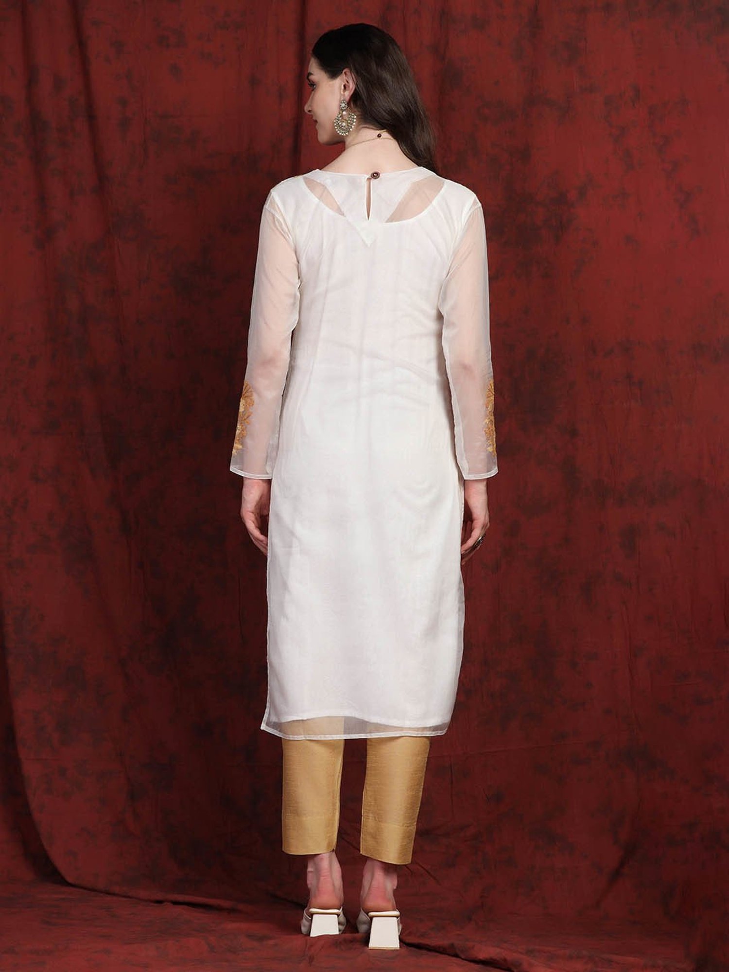 SHADES White & Brown Chikankari Straight Kurta