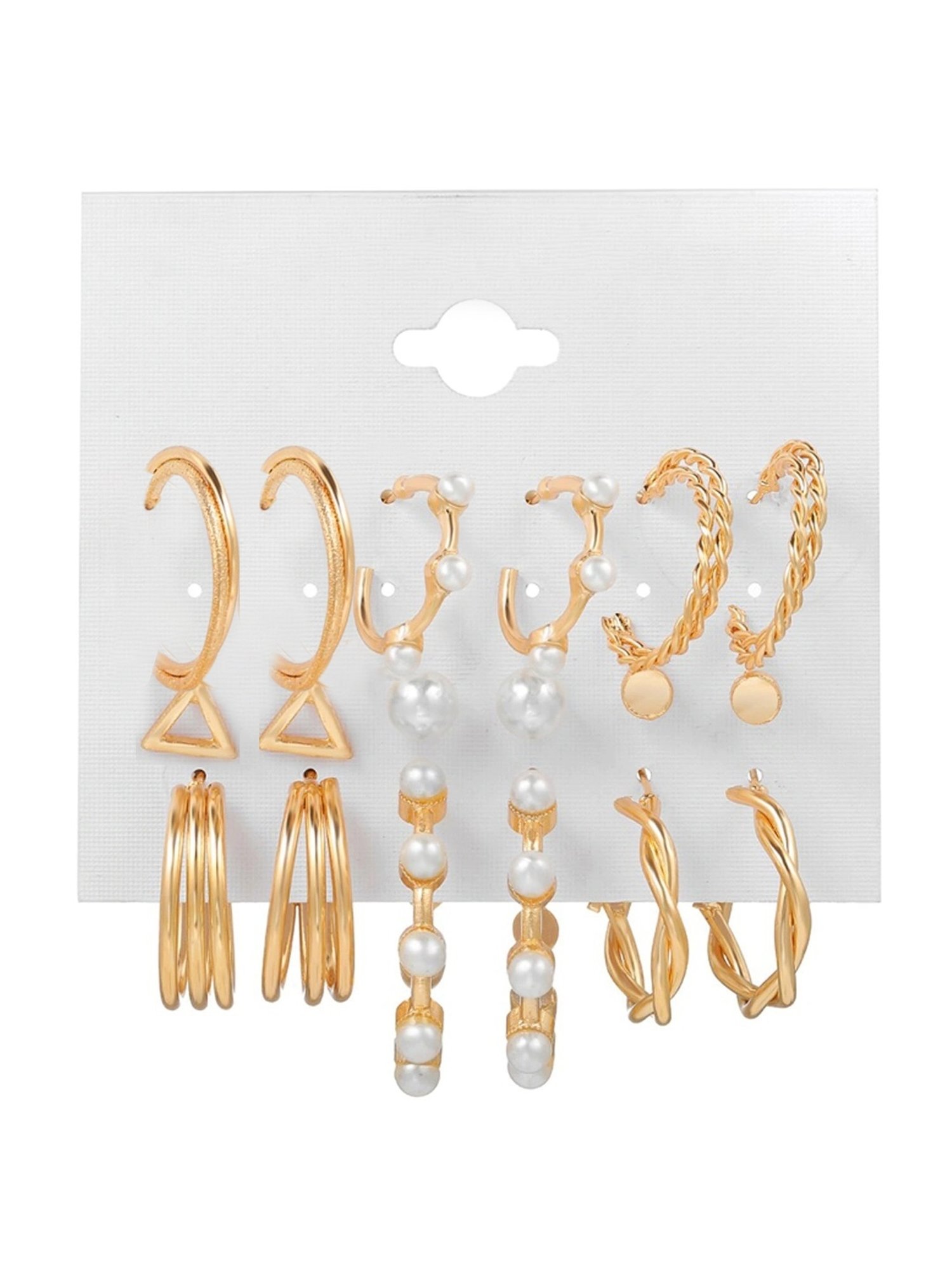 OOMPH Golden Tone Crystal & Pearl Fashion Ear Drop & stud Earrings for Women - Set of 9