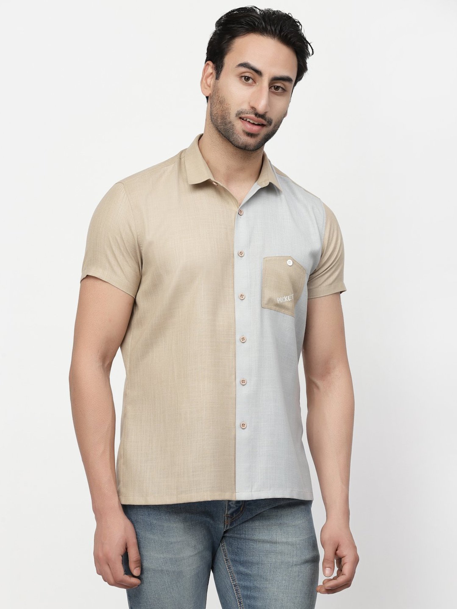 Lela Dark Beige & Blue Regular Fit Shirt