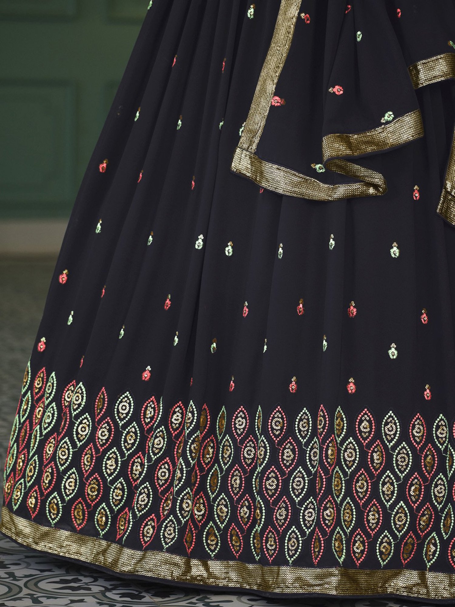 SHUBHKALA Black Embroidered Lehenga and Choli Set With Dupatta