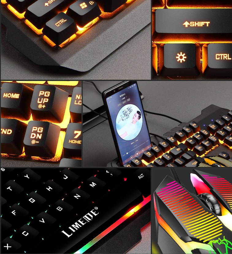 Colorful Cool Light Keyboard Mouse Suit  USB Wired Game Keyboard Mouse Suit Mechanical Keyboard Feel - Black