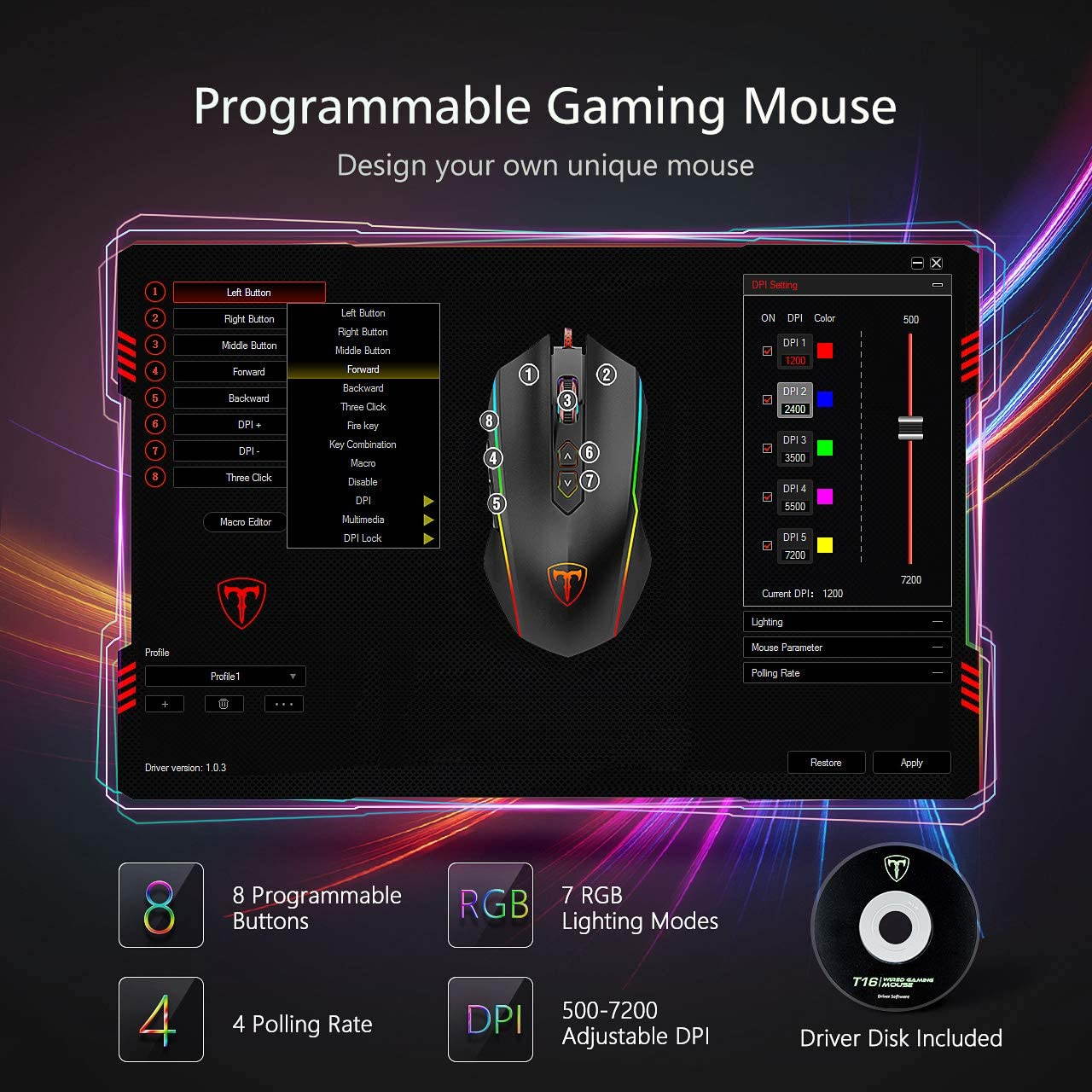 Gaming Mouse Wired, RGB Chroma Backlit Gaming Mouse, 8 Programmable Buttons, 7200 DPI Adjustable, Comfortable Grip Ergonomic Optical PC Computer Gaming Mice with Fire Button, Sega Genesis Acces