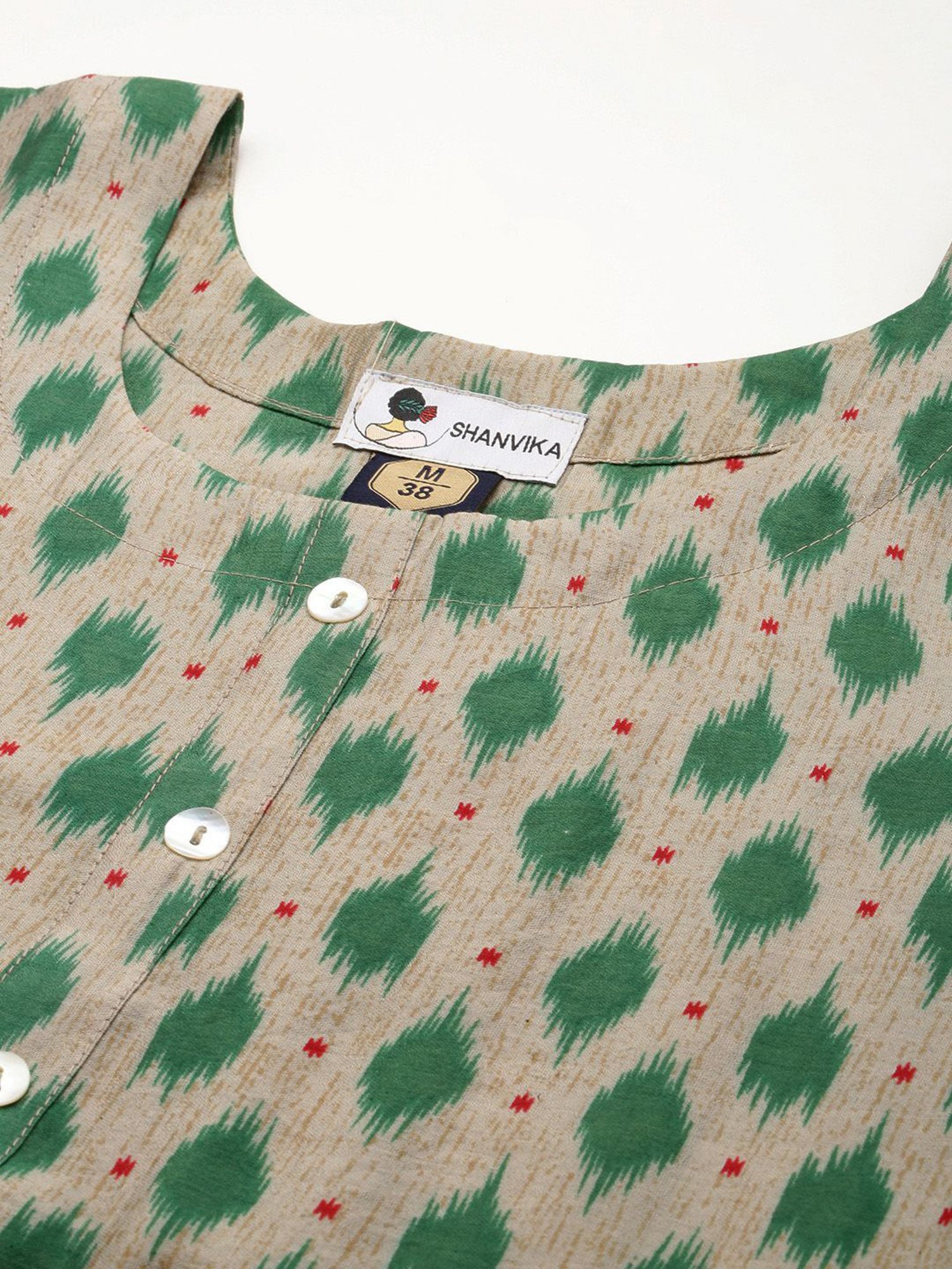 SHANVIKA Beige & Green Printed Cotton Silk A Line Kurta