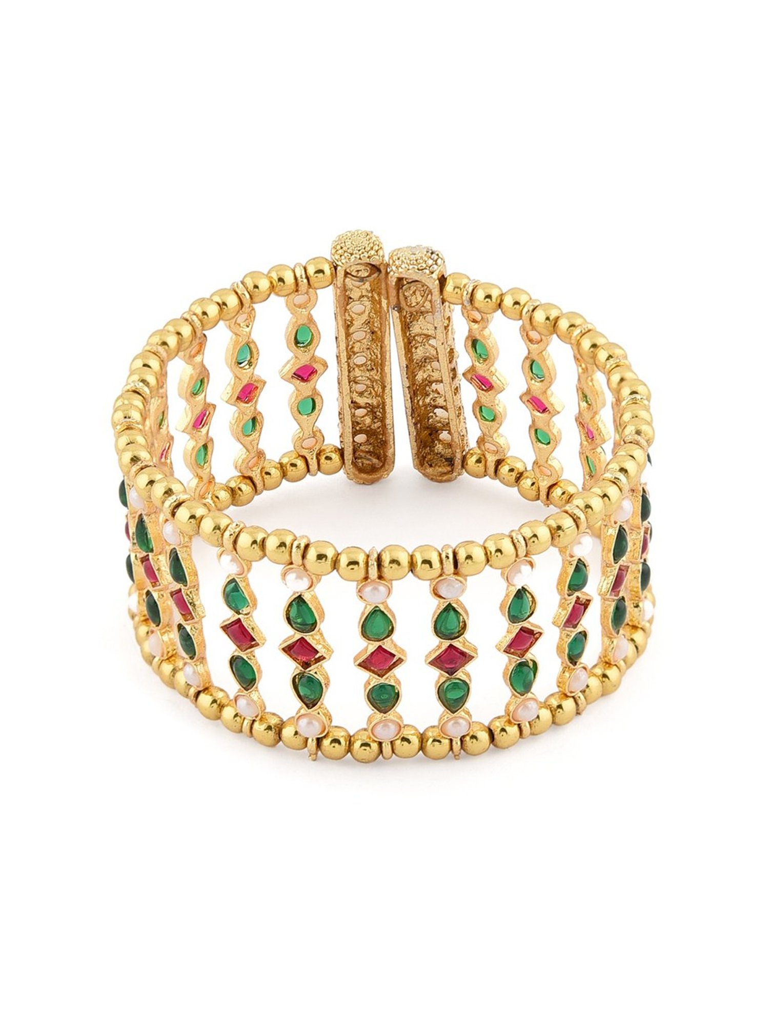 Zaveri Pearls Green & Pink Kundan Embellished Traditional Cuffs Bracelet - ZPFK11437