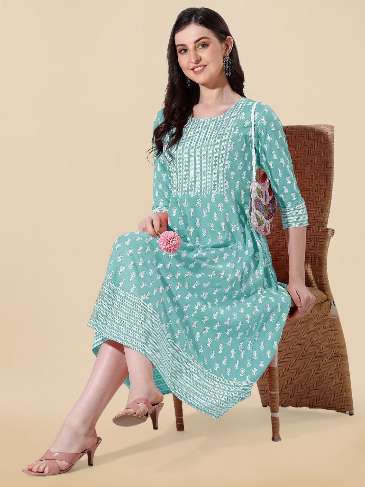 MIRCHI FASHION Green Embroidered A-Line Dress