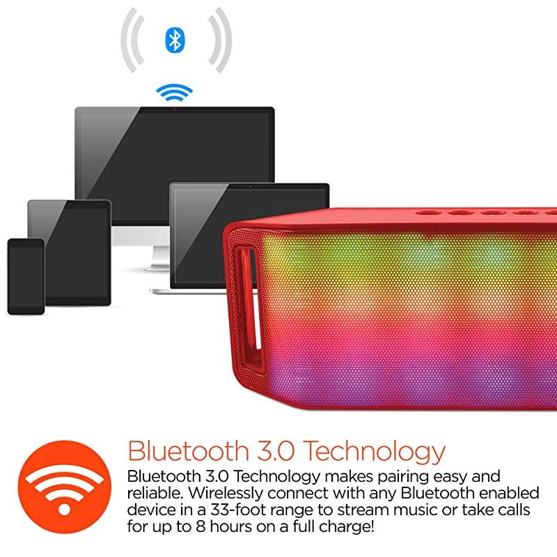 Portable Rave Wireless Stereo Speaker Plays Booming Sound With An Interactive Multicolored Light Show Builtin Speakerphone amp Builtin FM Radio Pair Any Bluetooth Device Up To 8 hrs Red