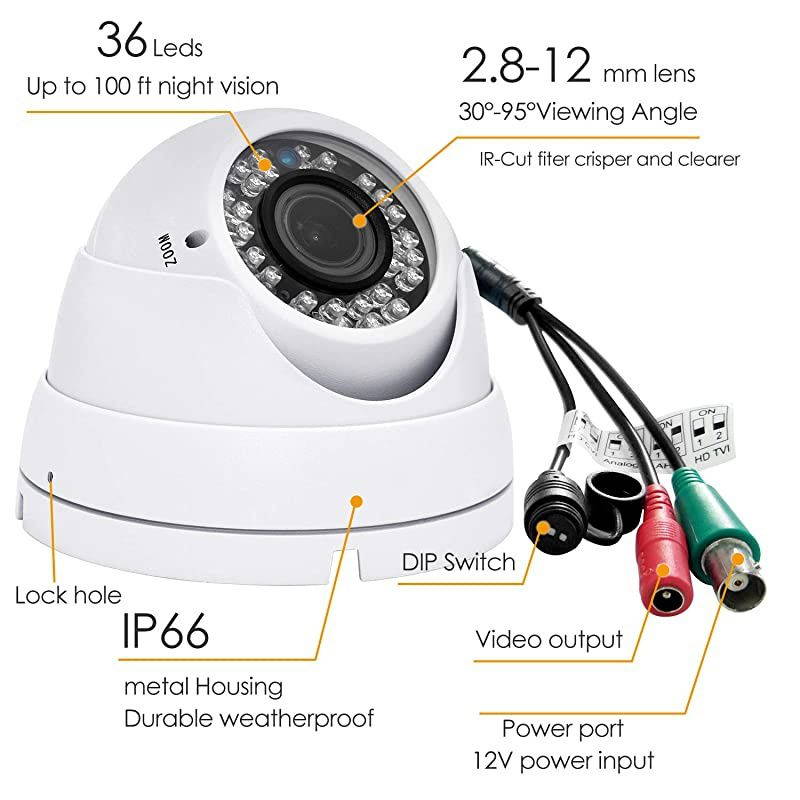 CCTV Camera HD 1080P 4in1 TVIAHDCVICVBS Security Dome Camera 28mm12mm Manual FocusZoom Varifocal Lens Weatherproof Metal Housing 36 IRLEDs Day Night Monitoring White