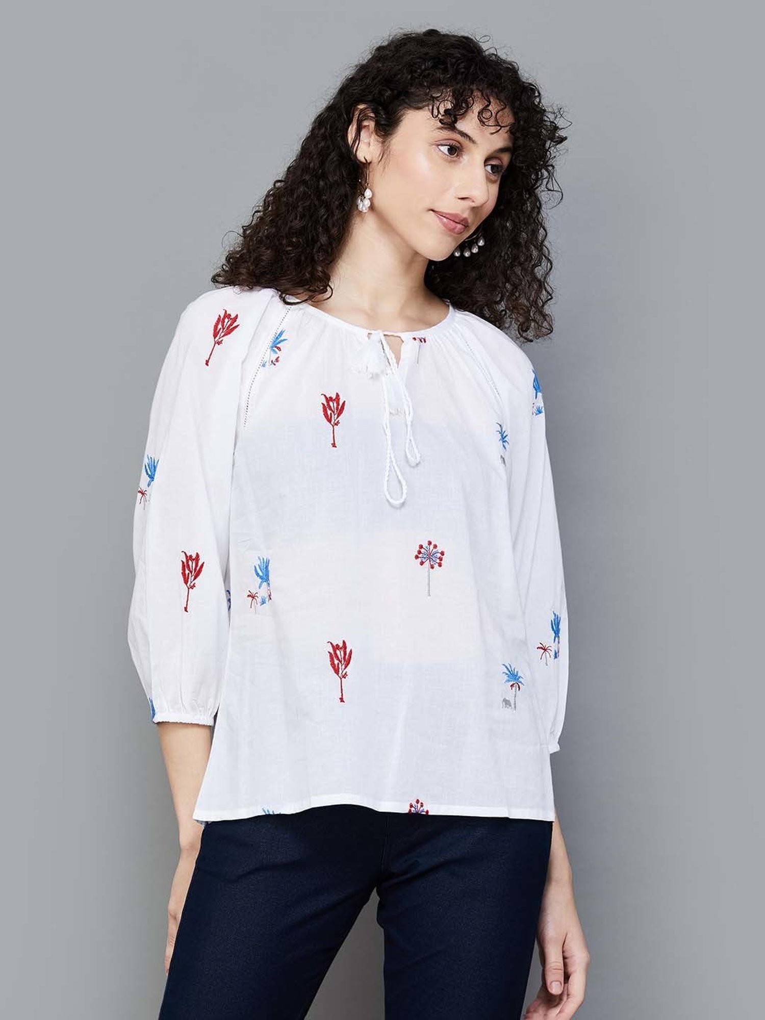 Colour Me by Melange White Cotton Embroidered Top