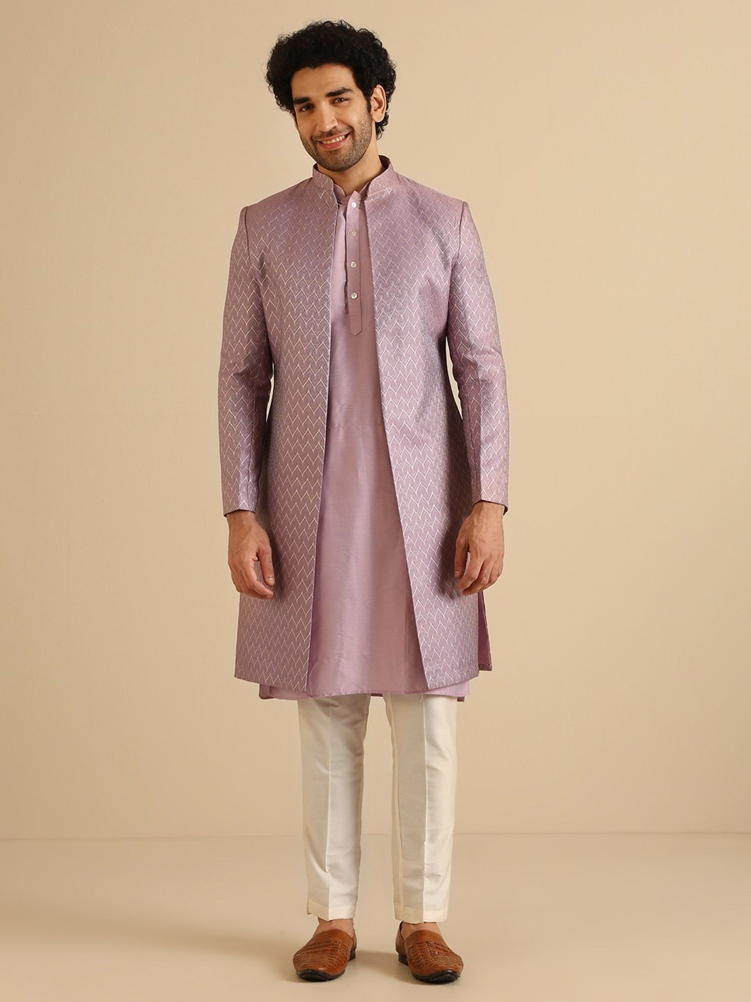 Hangup Plus Beige & Black Regular Fit Printed Sherwani Set