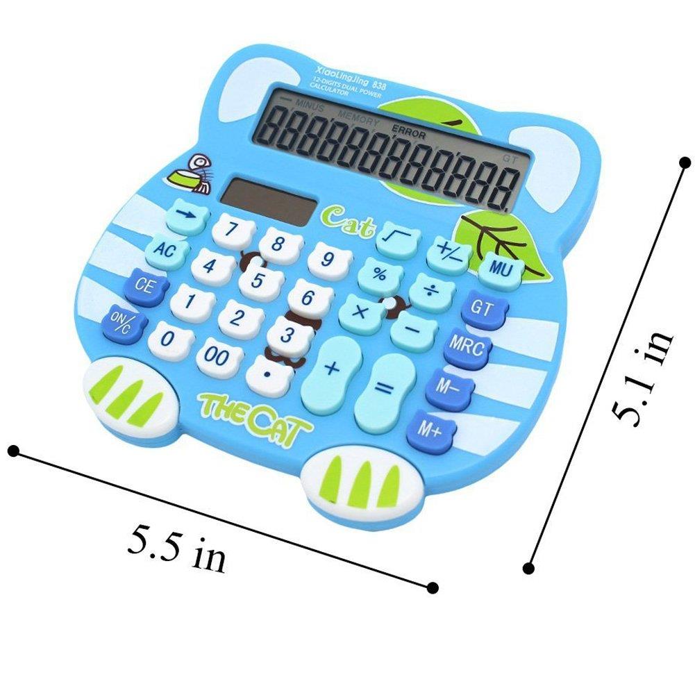 Loghot Adorable Creative 12 Digits Solar Dual Power Cartoon Cat Shape LCD Display Desktop Calculator with Big Screen Blue