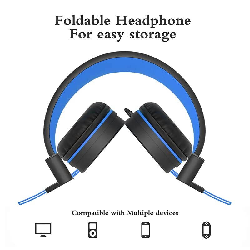 i37 Kids Headphones Children Girls Boys Teens Foldable Adjustable On Ear Headphones 3.5mm Jack Compatible Cellphones Computer MP3/4 Kindle School Tablet Black/Blue