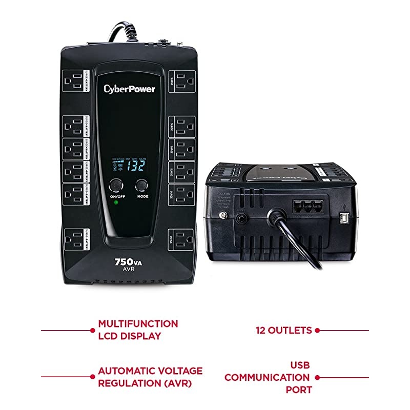 AVRG750LCD Intelligent LCD UPS System, 750VA/450W, 12 Outlets, AVR, Compact Black