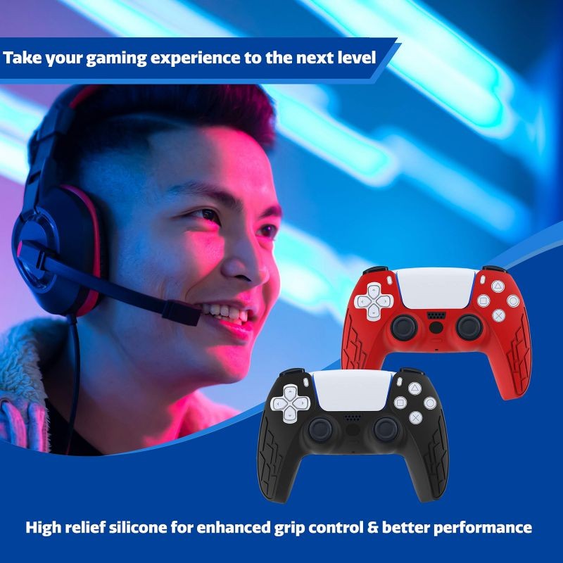 PS5 Controller Grip Cover,  Anti-Slip Silicone Skin Protective Cover Case for Playstation 5 DualSense Wireless Controller, 2 Pack with 8 Thumb Grips (Black/Red)