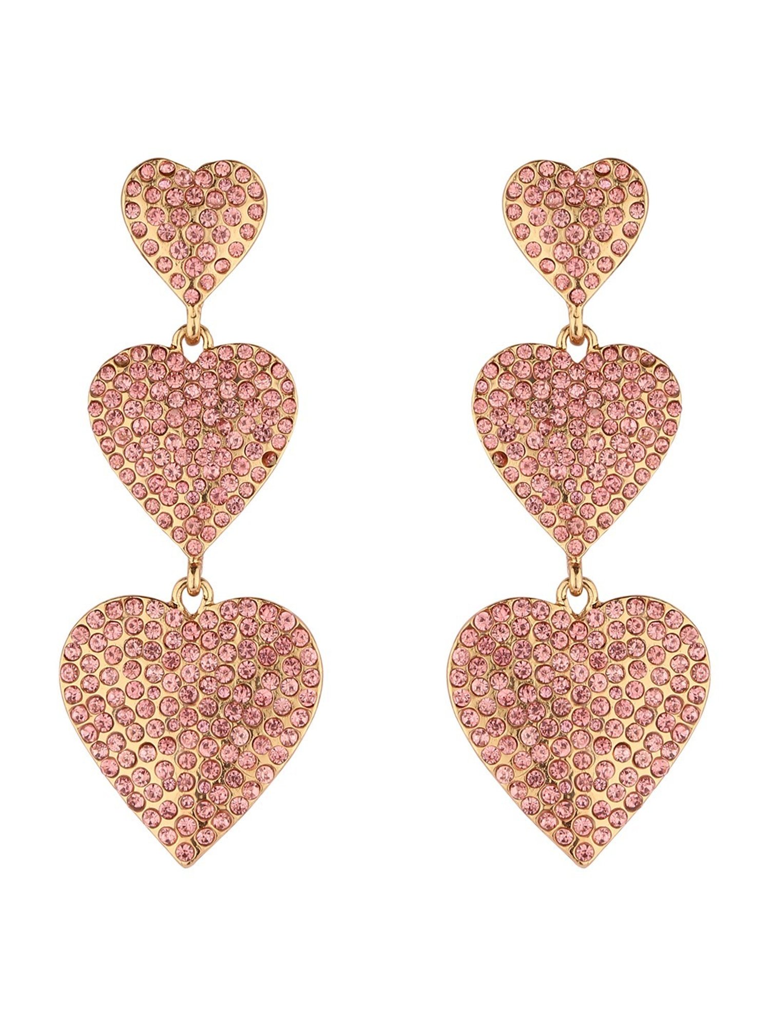 Lilly & Sparkle Gold-Toned Pink Stone Studded Triple Heart Dangler Earrings