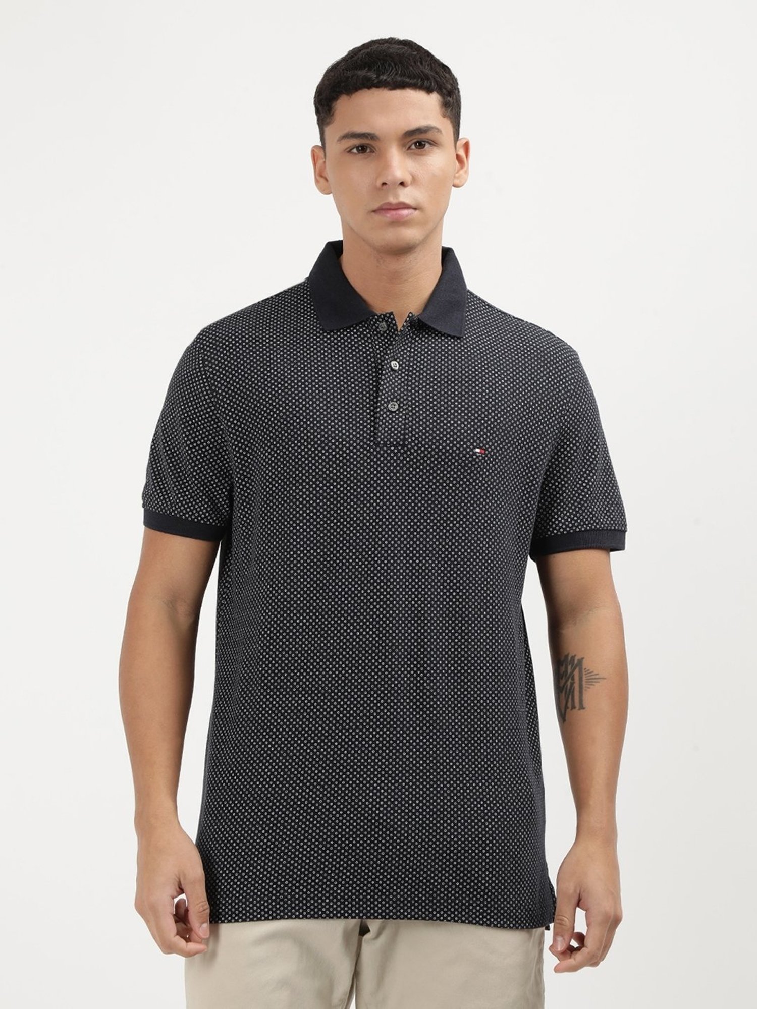 Tommy Hilfiger Desert Sky Melange & Ecru Cotton Regular Fit Graphic Polo T-Shirt