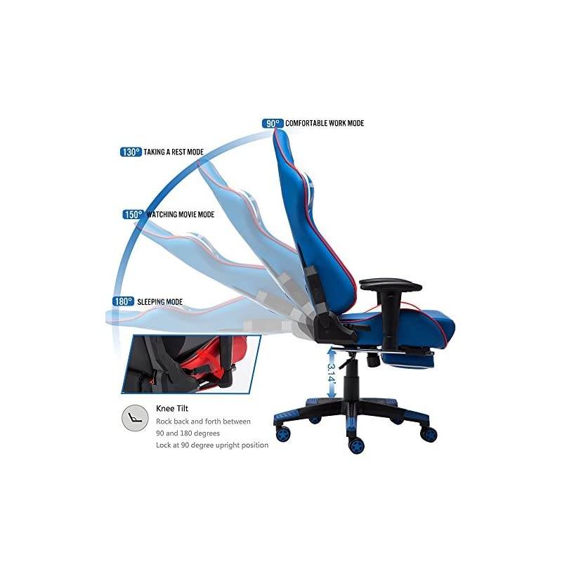 Gaming Chair Large Size High-Back Ergonomic Racing Seat with Massager Lumbar Support and Retractible Footrest PU Leather 90-180 Degree Adjustment of backrest Thickening sponges (YK-6007-BLUE)