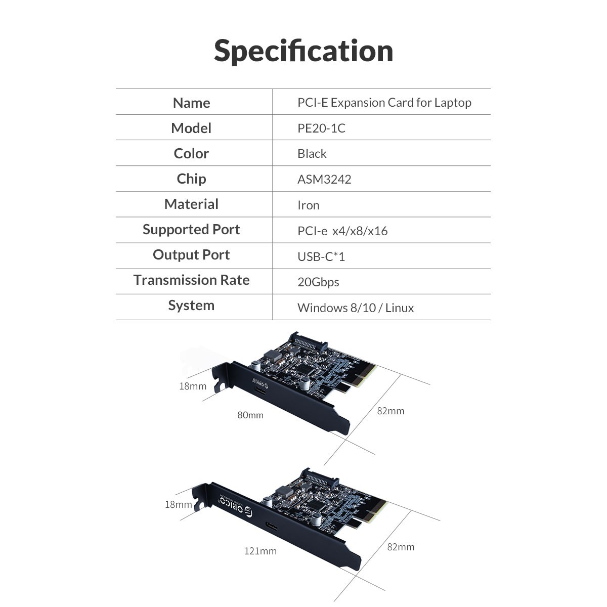 ORICO USB PCI-E Card, USB 3.2 Gen 2 Internal Expansion Card,Type C PCI-Express 4X to USB 3.2 Gen 2x2 (20 Gbps), ASM3242 Chipset for Windows 8/10/Linux,Compatible Slot: PCIe x4 (3.0), PCIe x8, PCIe x16