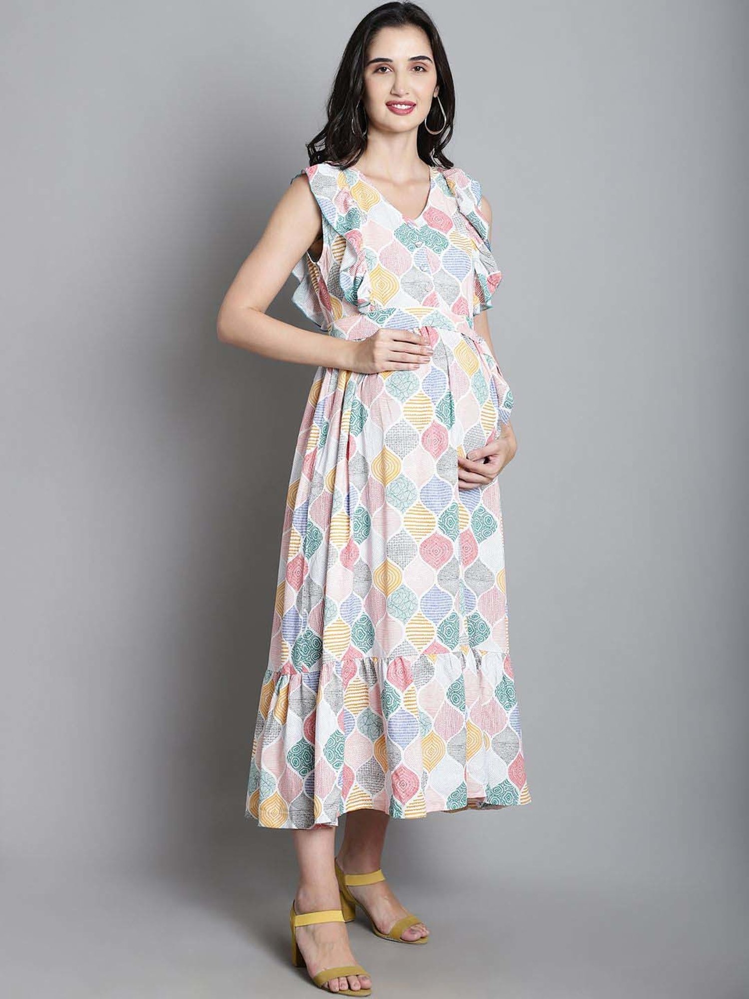 Moms Maternity White Printed Maternity Dress